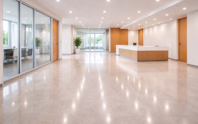 Post-construction cleaning with a polished commercial lobby ready for handoff