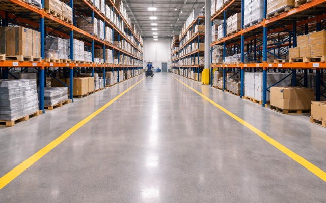 Warehouse and factory cleaning in a wide industrial racking aisle